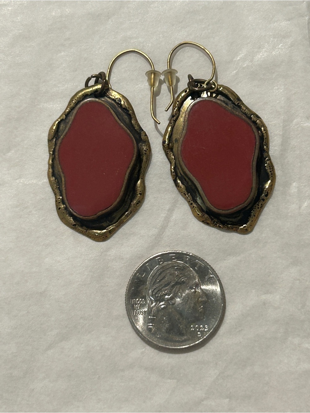 Handcrafted Red Stone Drop Earrings - Rustic Gold Frame